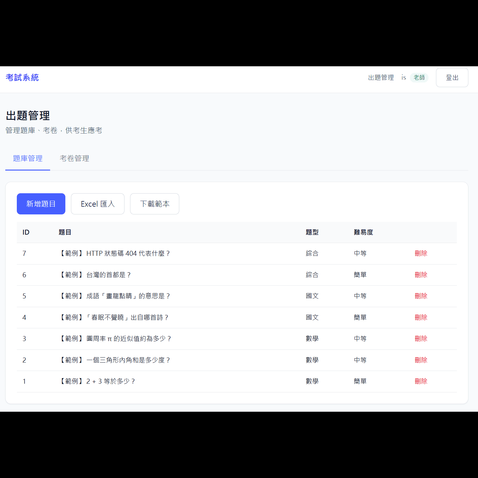 考試系統題庫後台（全端）：題目 CRUD、題型／難易度、Excel 匯入與範本下載。